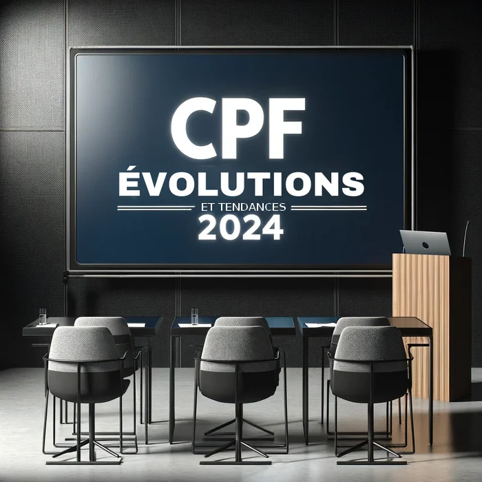 Dans une salle de réunion sur un tableau est écrit, CPF, Evolutions et Tendances 