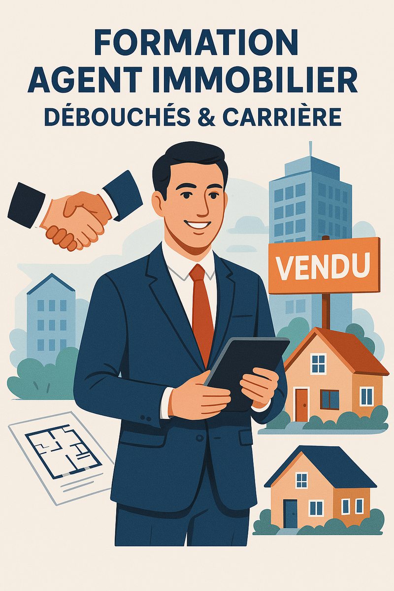 Agent immobilier souriant en costume tenant une tablette, entouré d'éléments liés à l'immobilier comme une pancarte 'VENDU', une poignée de main, des plans de maison et des bâtiments, avec le texte 'Formation Agent Immobilier : Débouchés & Carrière