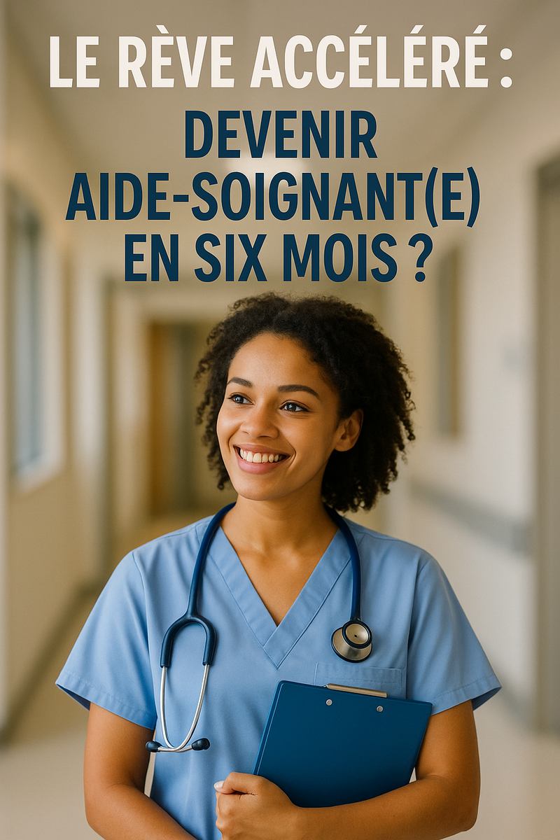 Jeune aide-soignante souriante en blouse bleue dans un couloir d’hôpital, tenant un clipboard, avec le titre 'Le Rêve Accéléré : Devenir Aide-Soignant(e) en Six Mois ?' en surimpression.