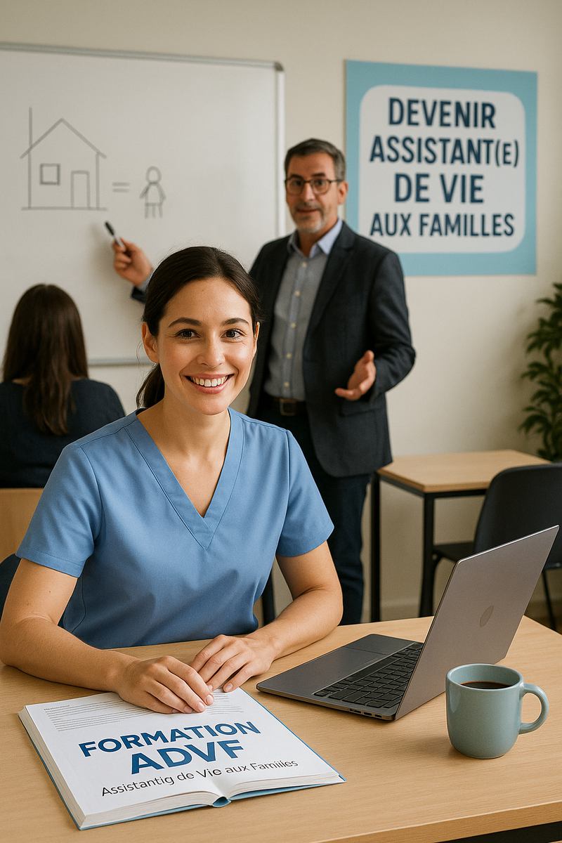 Une femme souriante en tenue professionnelle est assise à une table avec un manuel de formation ADVF, un ordinateur portable et une tasse de café. En arrière-plan, un formateur explique un schéma sur un tableau blanc, à côté d'une affiche indiquant "Devenir Assistant(e) de Vie aux Familles