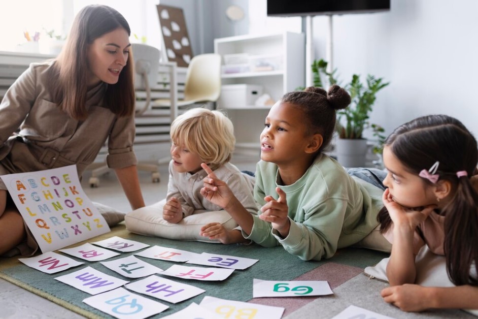 Trois jeunes enfants couchés sur un tapis travaillent l'alphabet en compagnie d'une charmante ATSEM. 