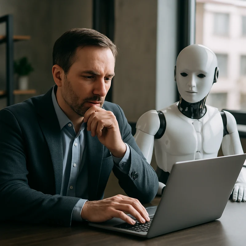 Homme en blazer tapant sur un ordinateur portable à son bureau, assis à côté d’un robot humanoïde dans un bureau moderne avec vue sur la ville
