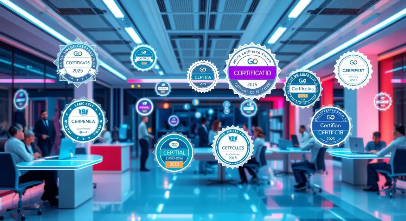 Un environnement de bureau futuriste présentant divers badges de certification numériques sur des écrans holographiques flottants, des couleurs vives et un design élégant, avec en toile de fond divers professionnels engagés dans un travail d'équipe virtuel, symbolisant les certifications les plus recherchées en 2025.