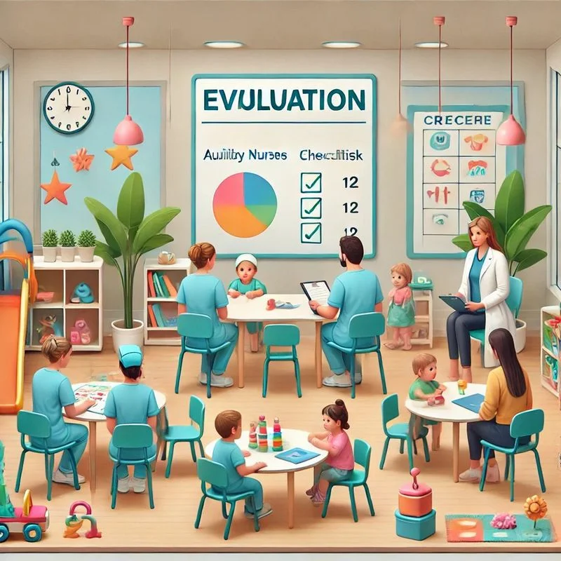Dans une salle d'examen des auxiliaires de puériculture sont évaluées en présence de petits-enfants 