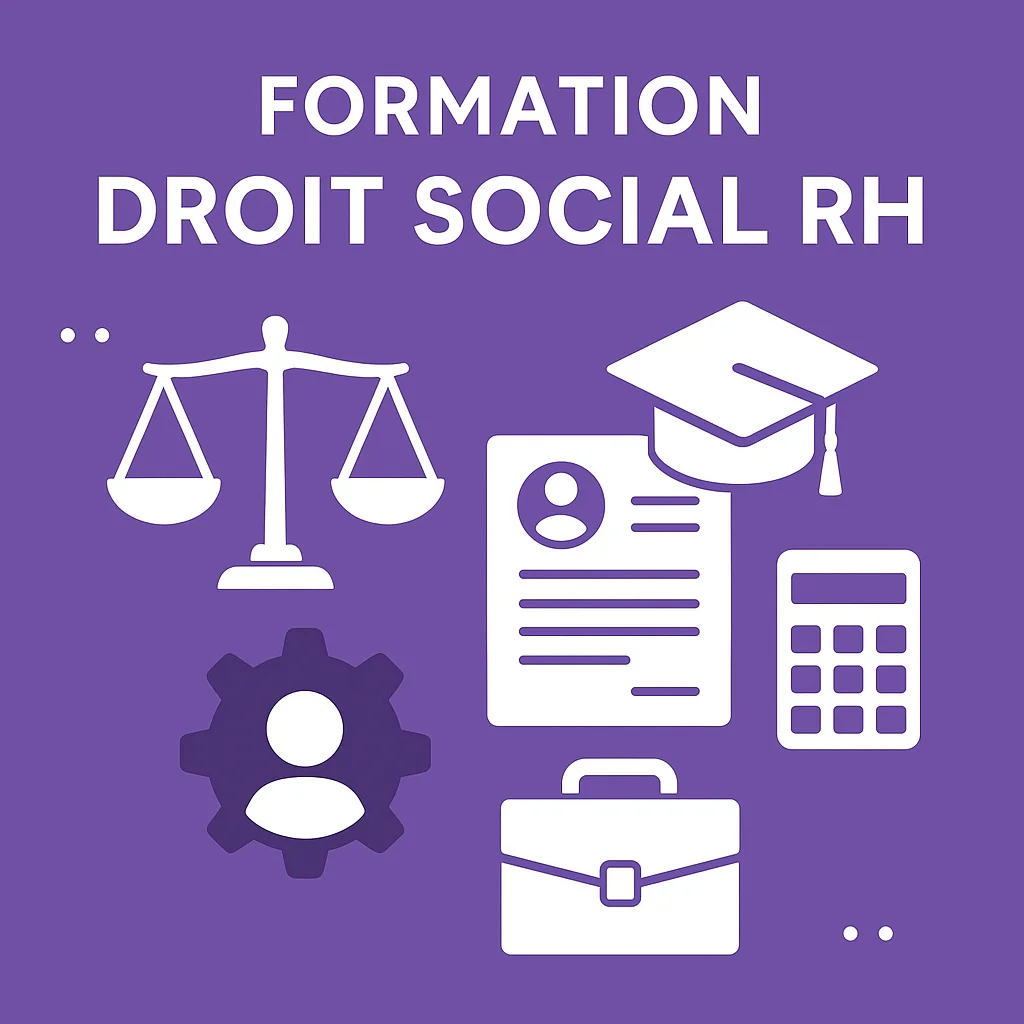 Illustration de la formation en droit social RH avec des icônes juridiques, RH et éducatives sur fond violet