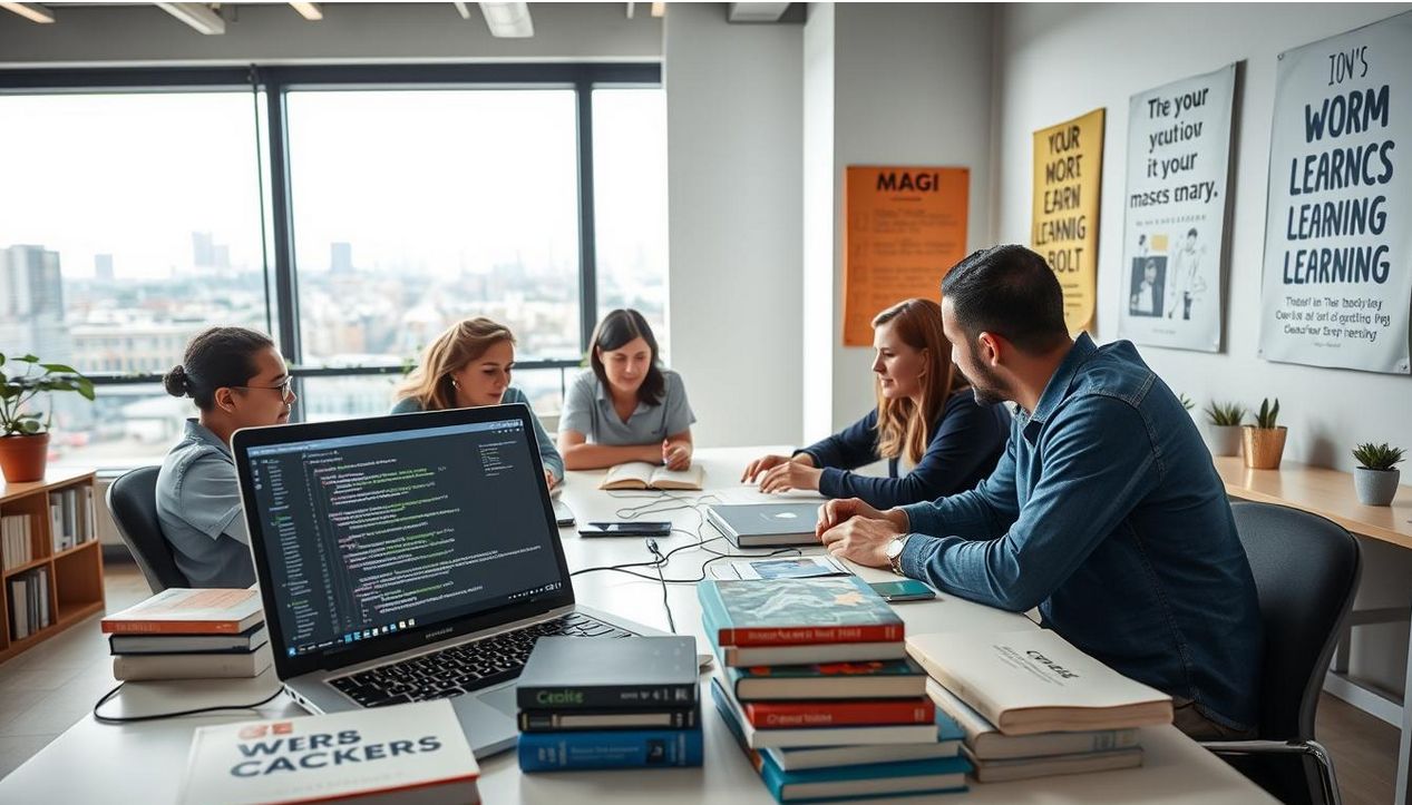 Un espace de travail moderne comprenant un ordinateur portable avec du codage sur l'écran, entouré de livres sur le développement Web et la technologie, un conseiller pôle emploi sympathique offrant des conseils, une atmosphère lumineuse et accueillante avec des affiches inspirantes liées à l'apprentissage et à la croissance, des individus divers collaborant autour d'une table avec des appareils numériques, une grande fenêtre révélant un paysage urbain à l'extérieur.