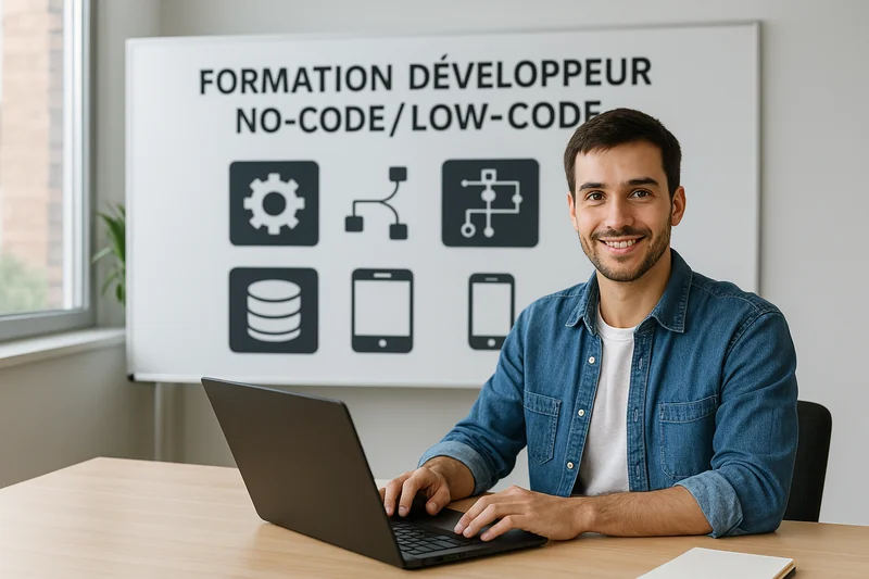 un jeune homme assis devant son bureau tape sur son ordinateur, on peut voir un tableau derrière lui avec l'inscription :formation développeur no code-low code