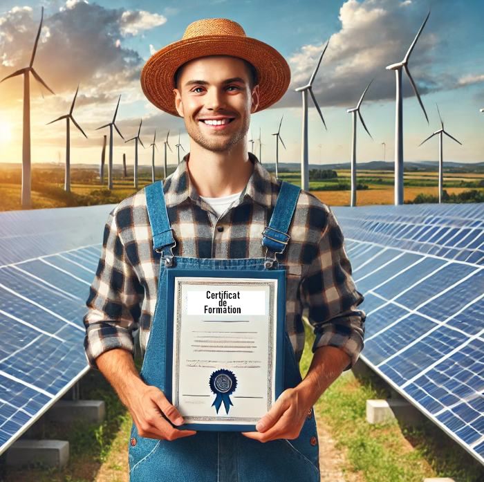 Un travailleur montre fièrement son certificat de formation dans un parc solaire.