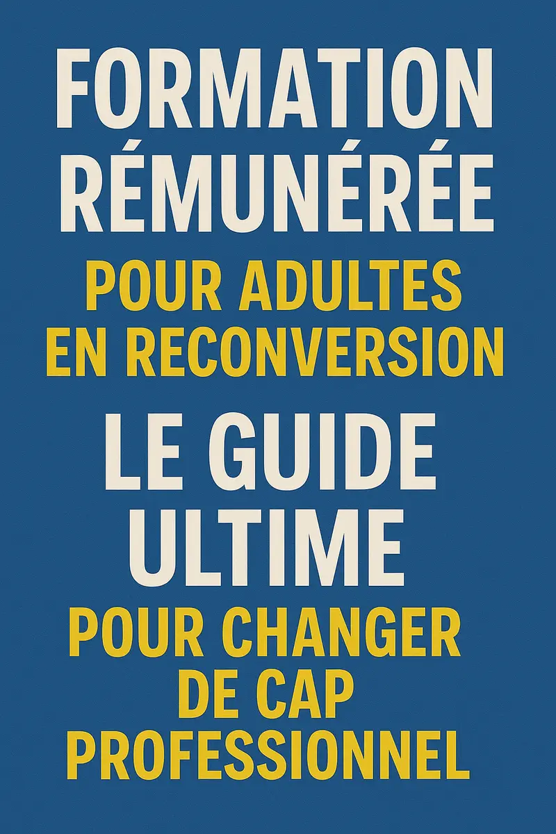 Guide ultime de formation rémunérée pour adultes en reconversion, avec un design professionnel en bleu et jaune illustrant un changement de cap professionnel.