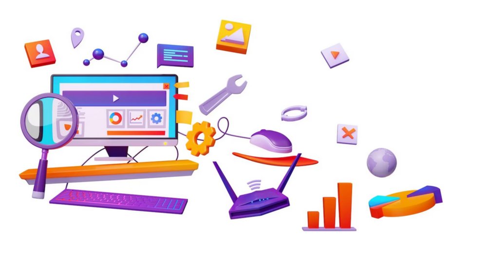 une presentation d'une palette d'outils Web marketing et de statistiques sous forme de graphique, 
        disposés à côté d'un ordinateur